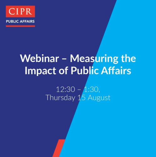 A webinar title card that reads 'Measuring the Impact of Public Affairs' and the date and time
