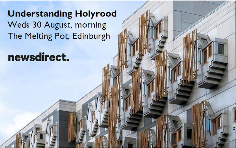An image of the Scottish Parliament with the details of a training workshop "Understanding Holyrood"